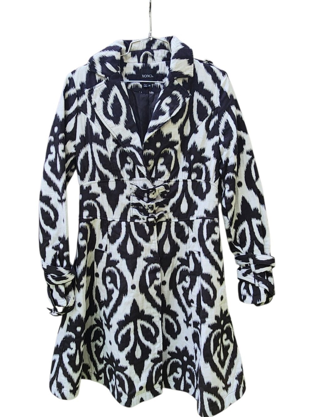 XOXO Y2K Ikat Print Trench Coat Buckle Black White M